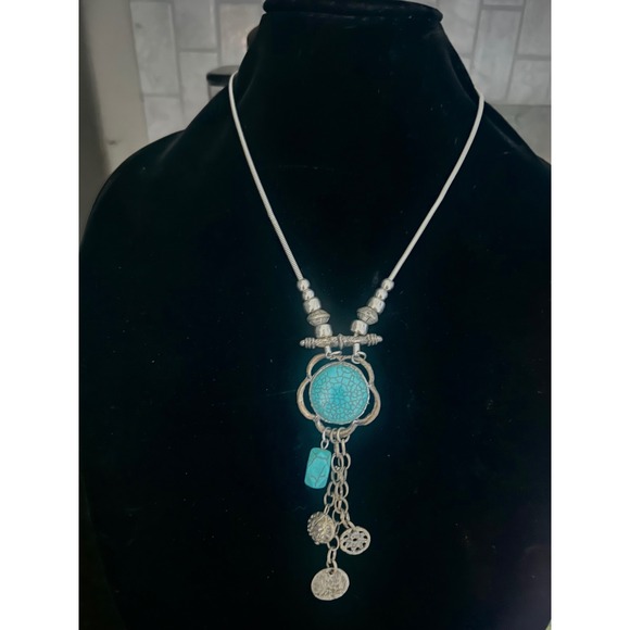 Jewelry - Turquoise Look Medallion Coin Charm Long Necklace Silver Tone Boho Western chic
